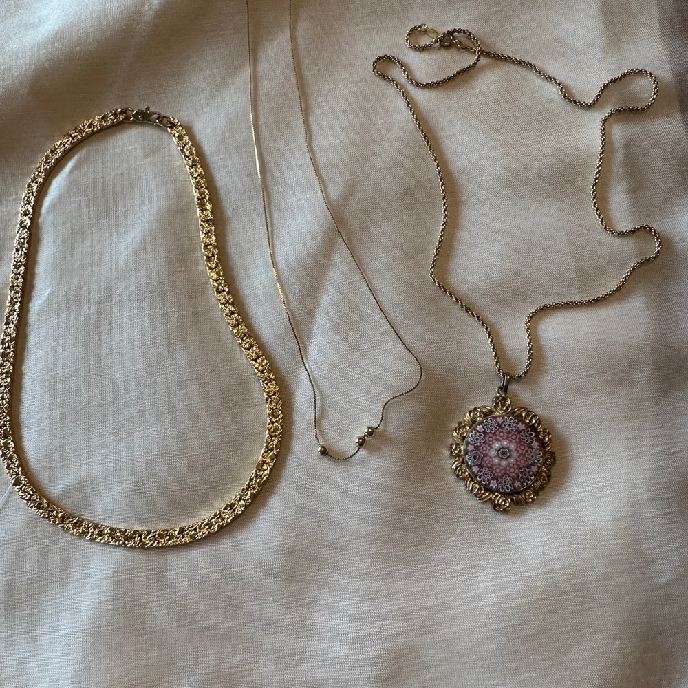 3 necklaces, beautiful slice,reversible chain and 14k GF fine chain with 3 beads